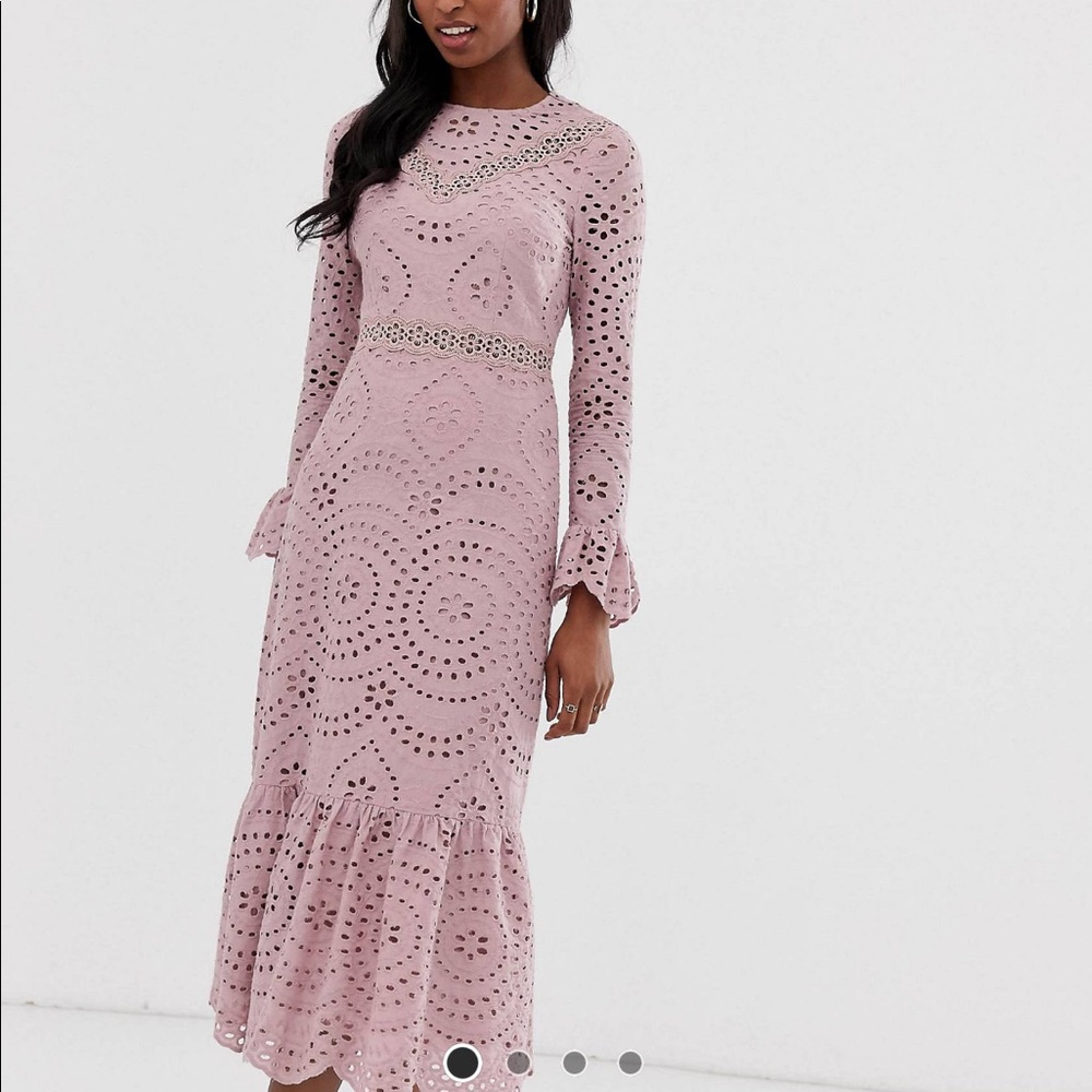 Asos design tall premium broderie tie maxi dress with pep hem and fluted sleeves